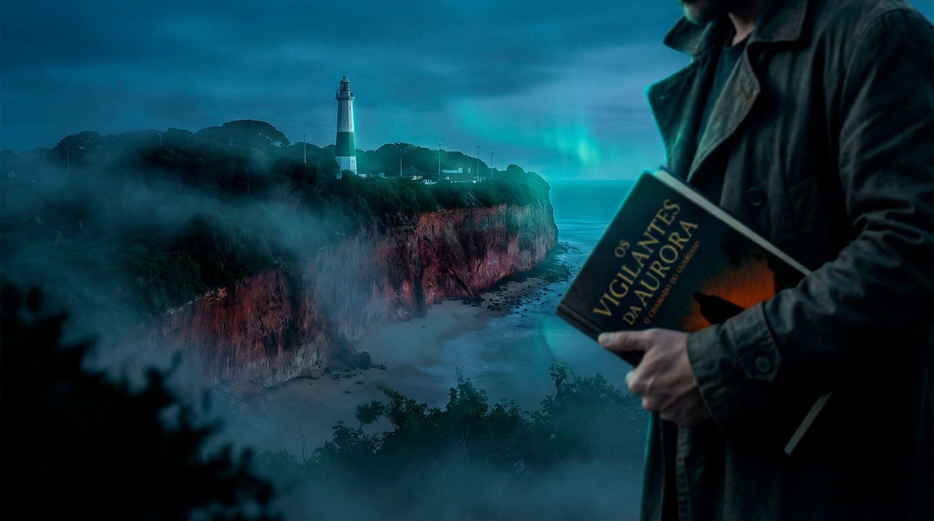 Os Vigilantes da Aurora: Capa do livro com Farol do Cabo Branco e Aurora, cenário de mistério e fantasia urbana.